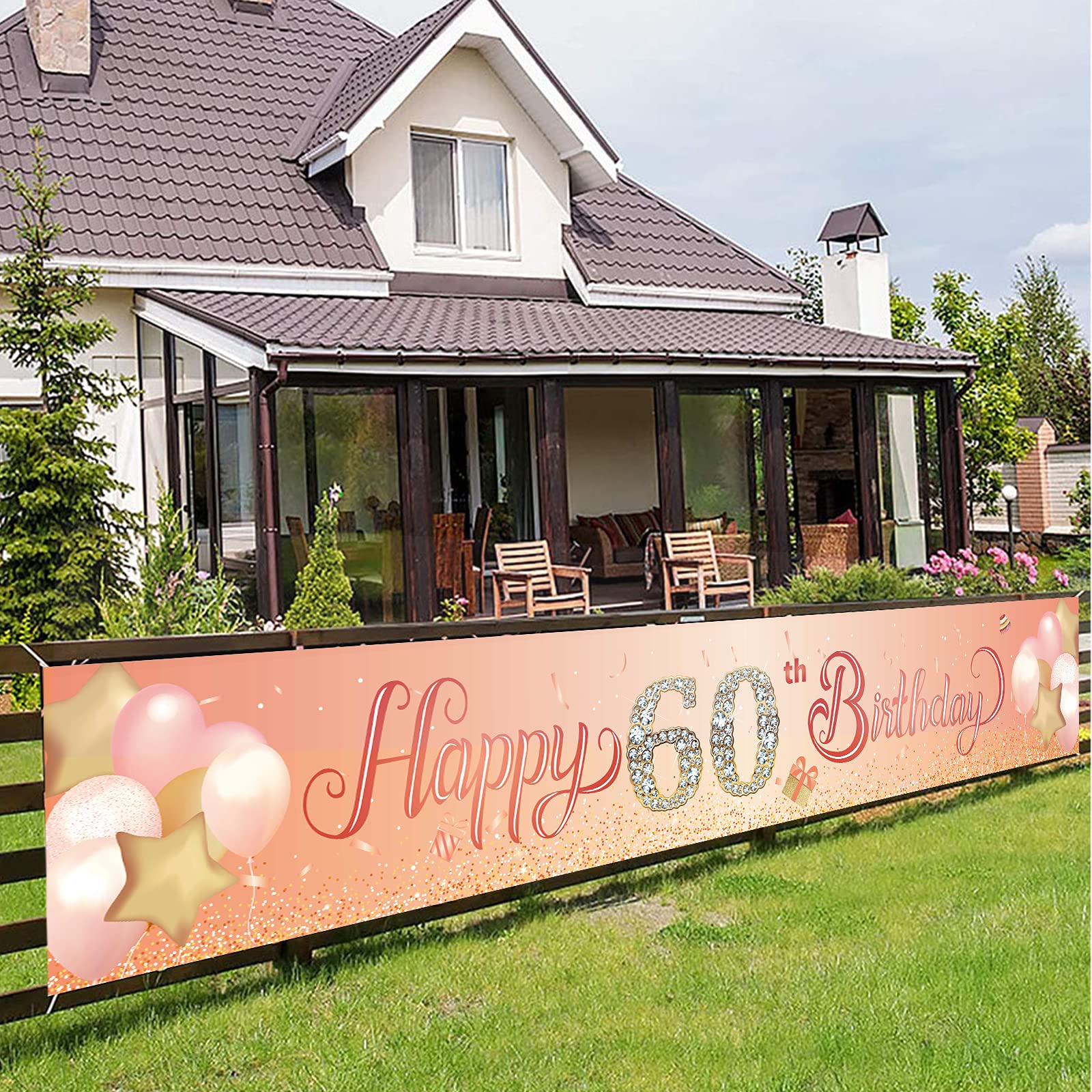 Happy 60th Birthday Banner,60th Birthday Decoration Rose Gold,Party Backdrop Banner Fabric Banner.for Women Men 60thBirthday Photo Backdrop,Photography Background,Outdoor Yard Garden Table Wall Decor