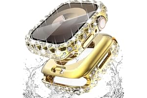 Surace 2 in 1 Waterproof Bling Case Compatible for Apple Watch Series 9 Series 8 Series 7 45mm Screen Protector, Lace Edge Diamond Protective Bumper Face Cover for iWatch Accessories Women 45mm, Gold