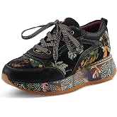 L'Artiste INVIDIA Women's Platform Sneaker &ndash; Metallic Leather &amp; Tapestry Lace-Up with Rainbow Stitching