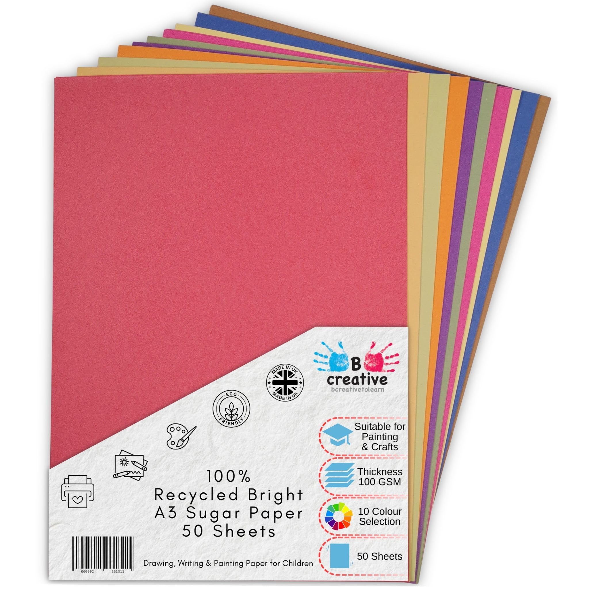 A3 Recycled Sugar Paper Bright Colours 50 Large Sheets in 10 Assorted Colours, Great for Arts & Crafts, Drawing, Painting & Scrap Booking. 42 x 30cm Sheet Size