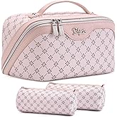 BOYATU Travel Makeup Bag Cosmetic Bags for Women: 3 Pcs Set Large Capacity Make up Bag with Handle - Vegan Leather Toiletry Bags with Compartments - Makeup Organizer for Travel Essentials(A-3-Pink)