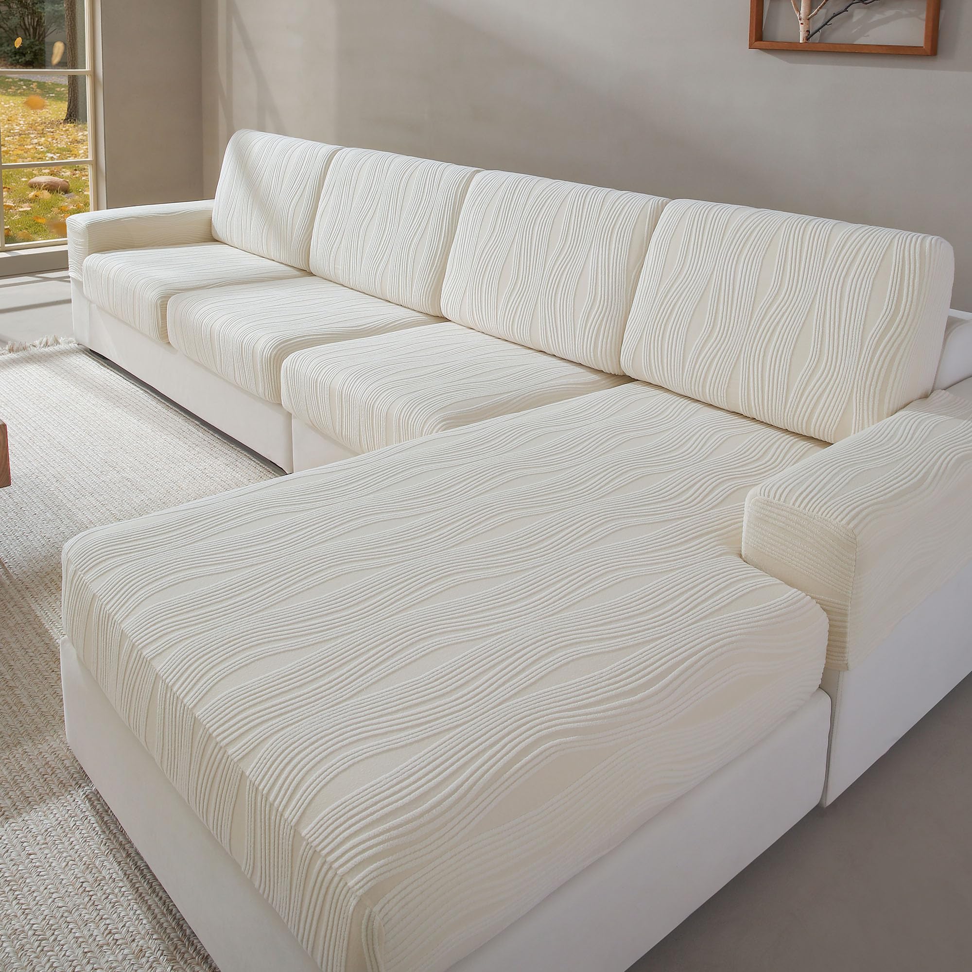 Photo 1 of QIANMEW Couch Cushion Covers, Super Stretch Washable Sofa Slipcovers for L Shaped & Modular Seats, Pet-Friendly Furniture Protector with Stripe Design, (1 Seat Cover S, Ivory)