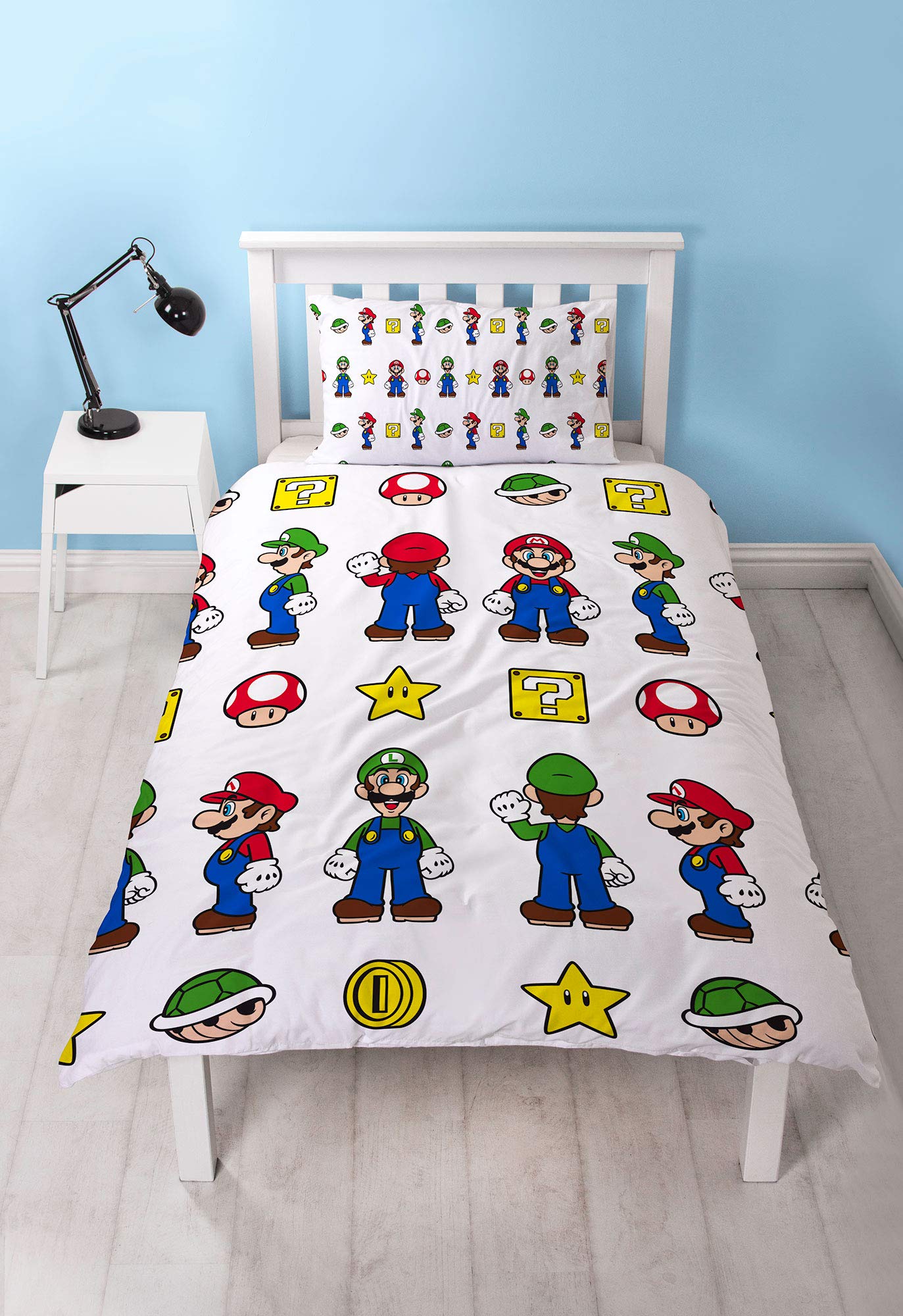 Super Mario Official Single Duvet Cover Design | Reversible Two Sided Mario & Luigi White Bedding Duvet Cover With Matching Pillow Case