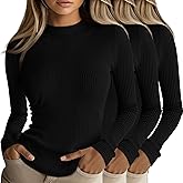 Riyiper 3 Pack Women's Ribbed Shirts, Mock Turtleneck Long Sleeve Tops Slim Fitted Undershirts Casual Basic Layering Tees