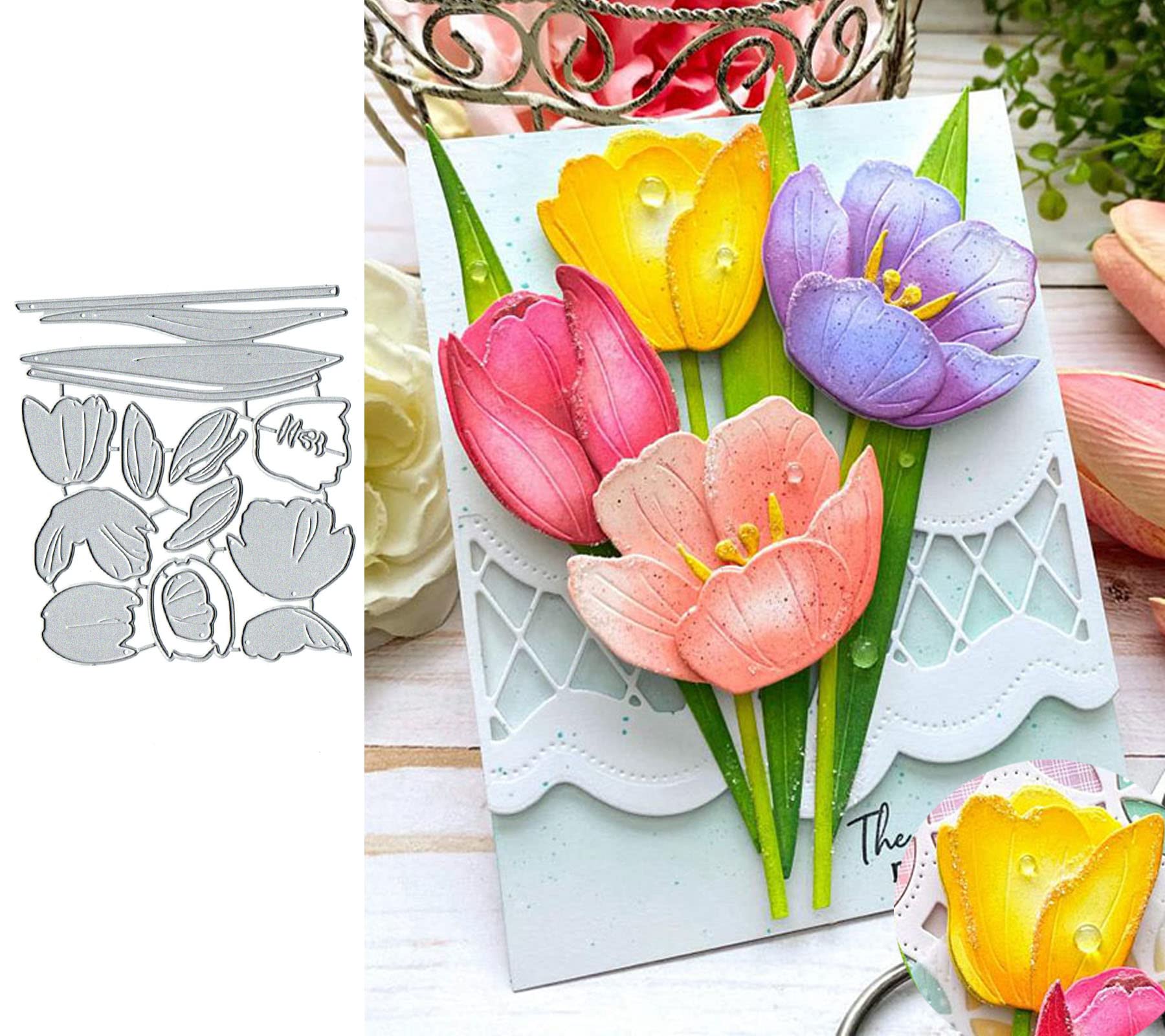 Tulip Flower Set Metal Die Cuts,Spring Flower Leaf Card Cutting Dies Cut Stencils for DIY Scrapbooking Album Decorative Embossing Paper Dies Card Making