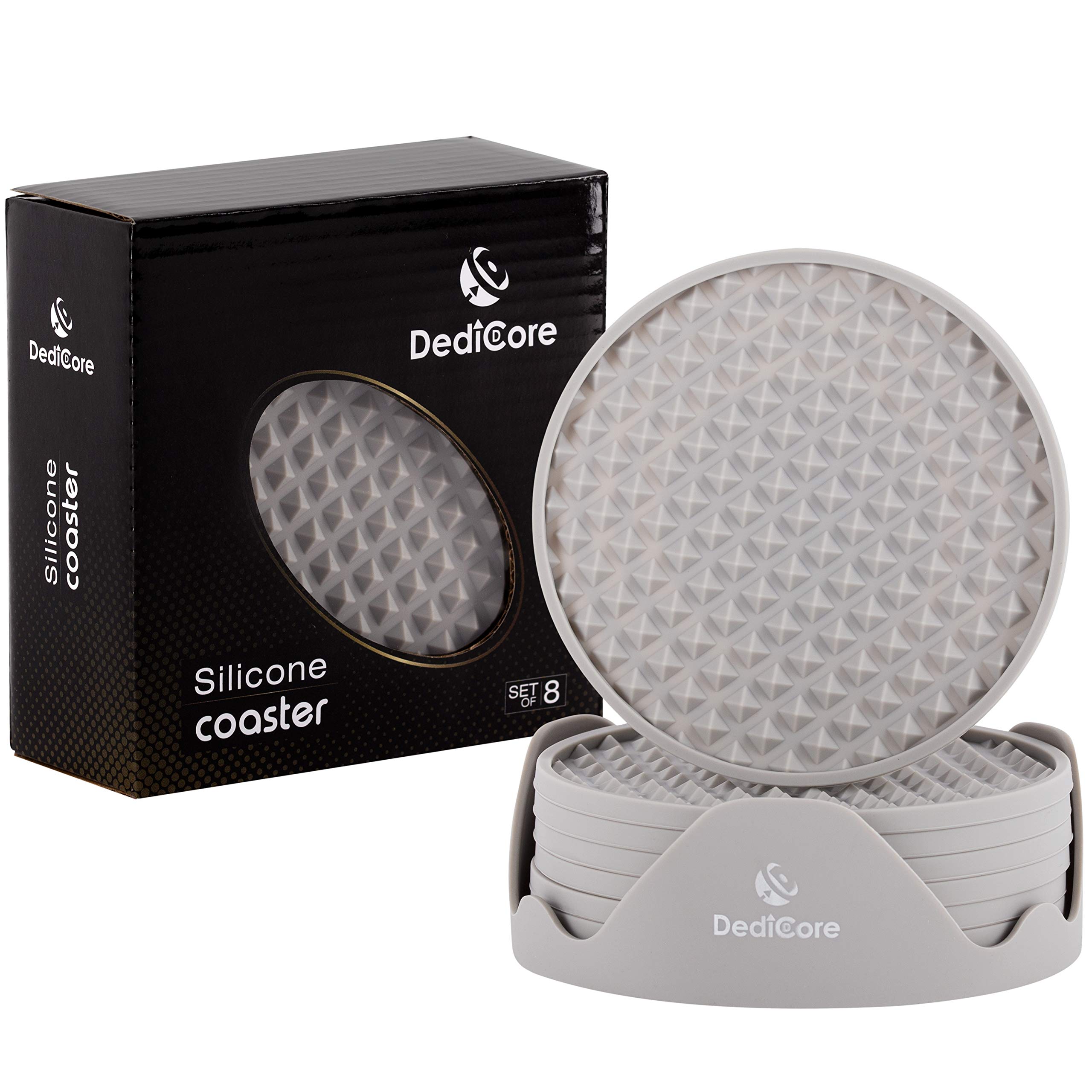 Table Coaster Set of 8 with Holder, Silicone Bar Drink Coasters: Cool Grey Modern House and Home Decor Round Glass Cup Holders Warming Mat; Coffee Table Decor and Bar Accessories, Housewarming Gifts!