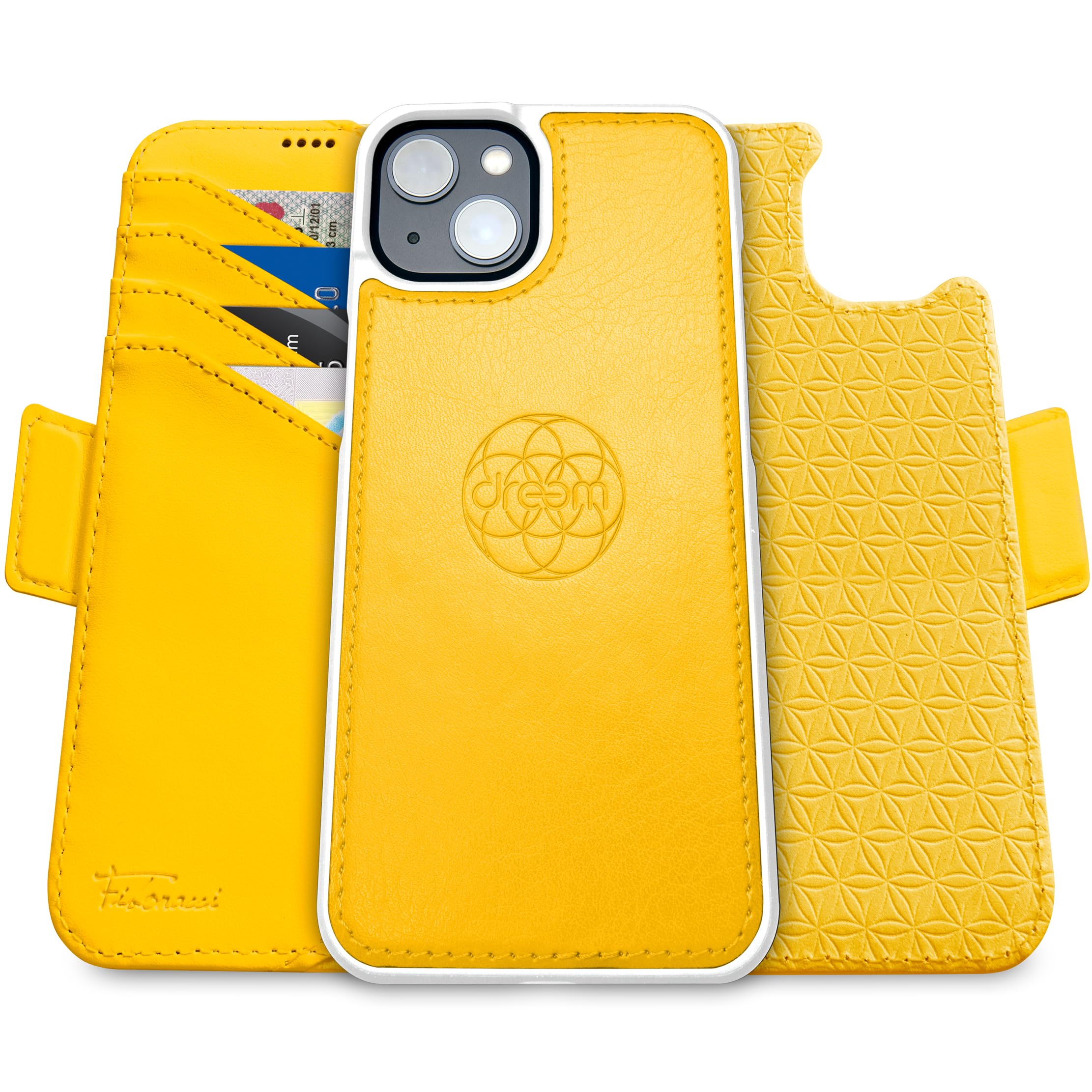 dreem Wallet Case for iPhone 15, Revolutionary Vert/Hor Phone Stand, Magnetic Detachable Vegan Leather Flip Cover RFID Blocking Card Holder, MagSafe-Fit, Gift Box [Fibonacci: Yellow]