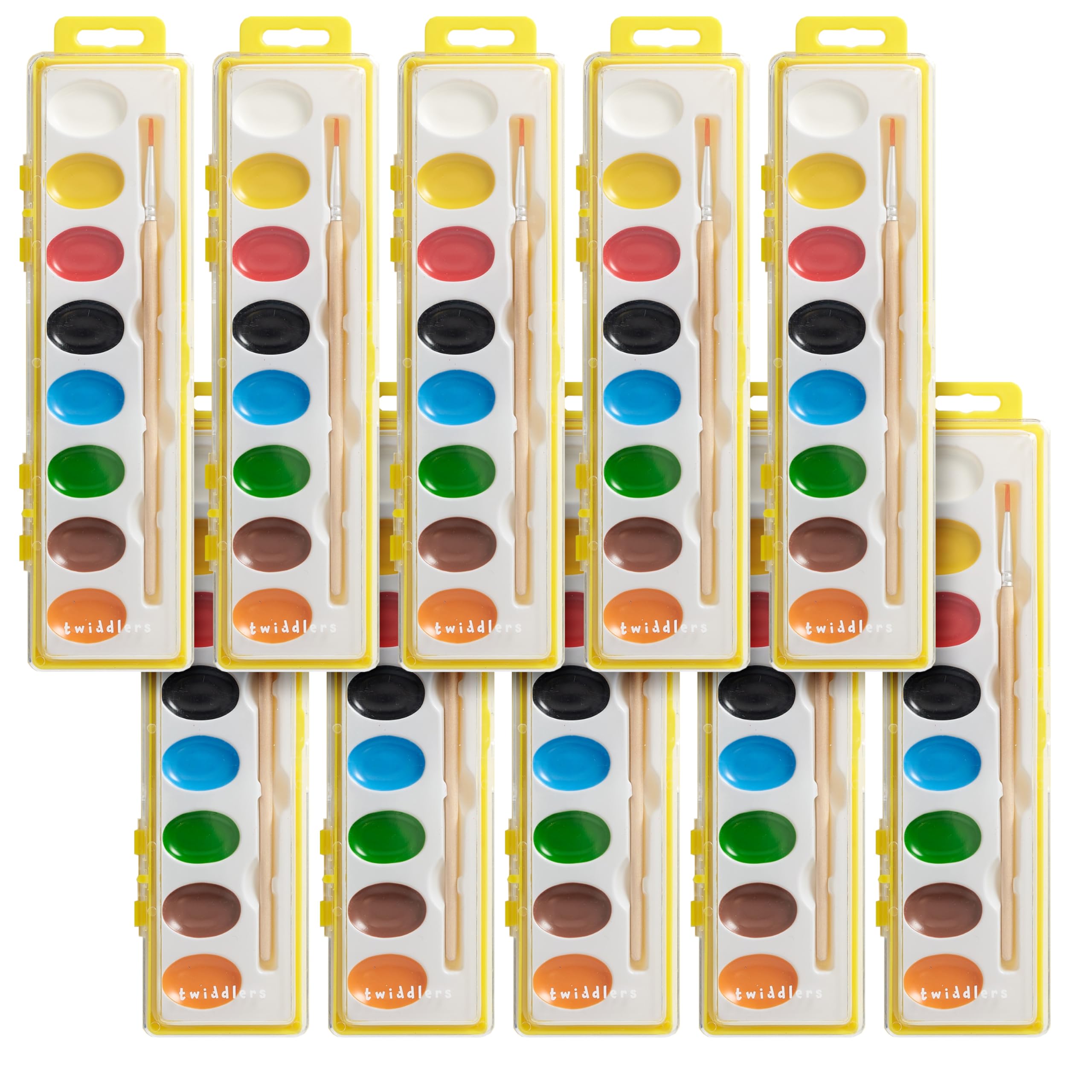 THE TWIDDLERS 10 Water Colour Paints Sets Kids, Individual Palettes with Wooden Paintbrush & 8 Vibrant Colours, Just Add Water, Washable, Perfect Party Bag Fillers for Kids & Art Classroom Gifts