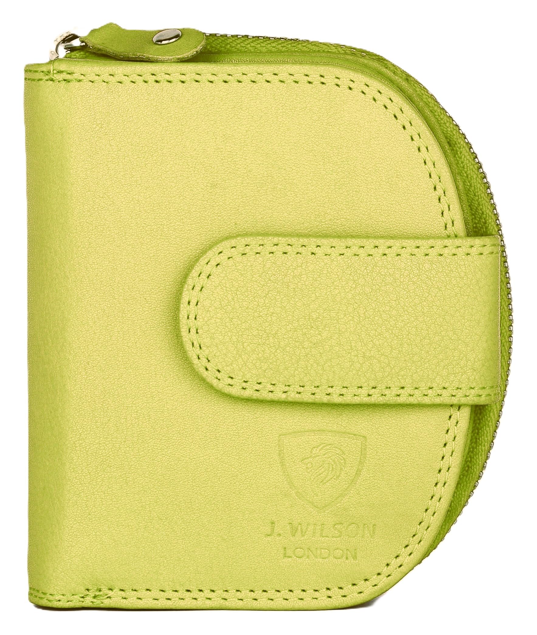 J. Wilson London Ladies RFID Safe Designer Leather Purse Card Women Wallet Zip Pocket Boxed (Lime Green)