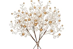 Hollyone 4 Pack Artificial Christmas Glitter Berries Stems, 19 Inch Fake White and Gold Holly Berry Picks with Ice Snow for Christmas Tree Wreath Floral Arrangements Holiday Home Vase DIY Crafts Decor