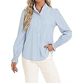 Funlingo Women's Striped Button Down Shirts Long Sleeve Smocked Cuffed Ruffle Collar Blouses Spring Work Business Casual Tops