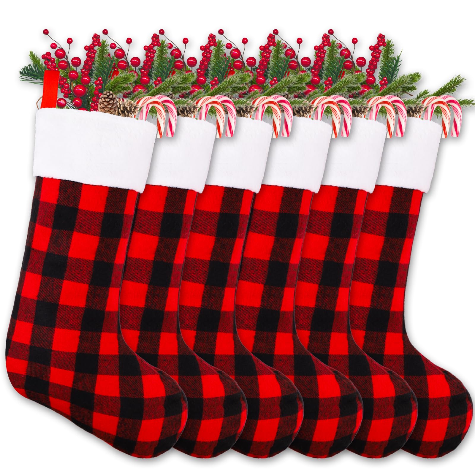 Photo 1 of YUJUN 6 Pack 22 Inches Christmas Stockings, Xmas Large Black Red Buffalo Plaid Hanging Stockings Decorations for Christmas Tree Fireplace Family Holiday Party Decor