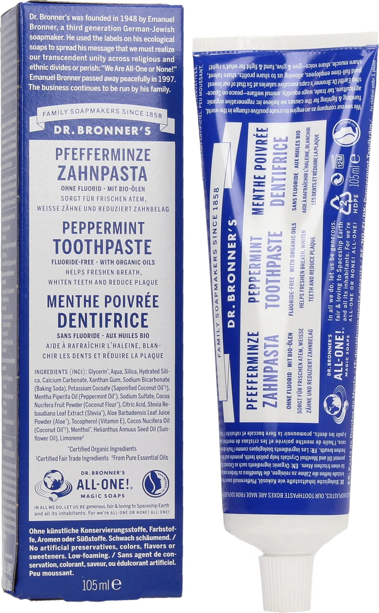 Dr Bronner's All One Peppermint Toothpaste, Made with Organic, Fluoride-Free Ingredients with No Artifical Colours, Flavours, Preservatives or Sweeteners, Vegan Friendly, 105ml Tube
