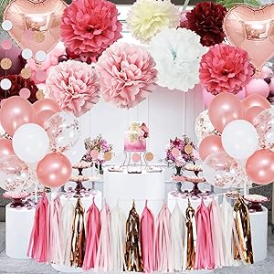 Rose Gold Pink Bridal Shower Decorations Balloons Dust Pink/Burgundy Tissue Paper Flower for Rose Gold Party Decor, Bachelorette Backdrop, Engagement Party Decorations/Baby Shower/Girl Birthday Party