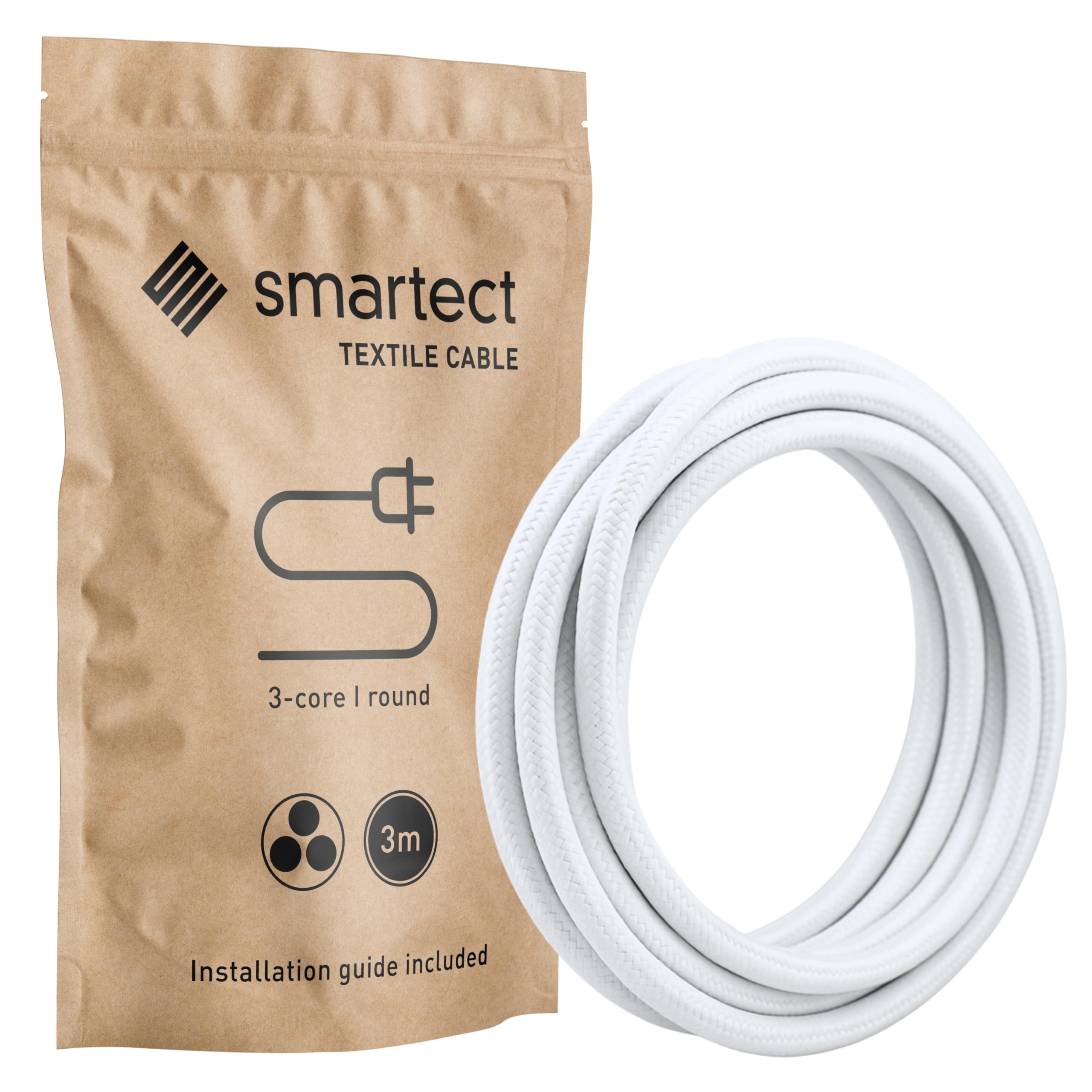 smartect Braided Cable, White, 3 Metres 3 Core Electrical Cable (3 x 0.75mm²) Vintage Fabric Electrical Wire for your DIY project — image 1
