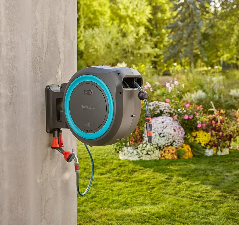 Conjunto Listo Para Usar Portamanguera de Pared con Batería PowerRoll XL: Portamanguera automático con manguera de 35 m, guía de manguera y RollControll, con batería (18640-20)