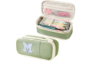 JANHAVI Preppy Pencil Case for School Supplies, Initial Large Pink Pencil Case Organizer with Zipper, Cute Pencil Bag Holder for Office, Ideal Birthday Gift for Kids,8,9,10 Years Old Girls, Adults--Green M