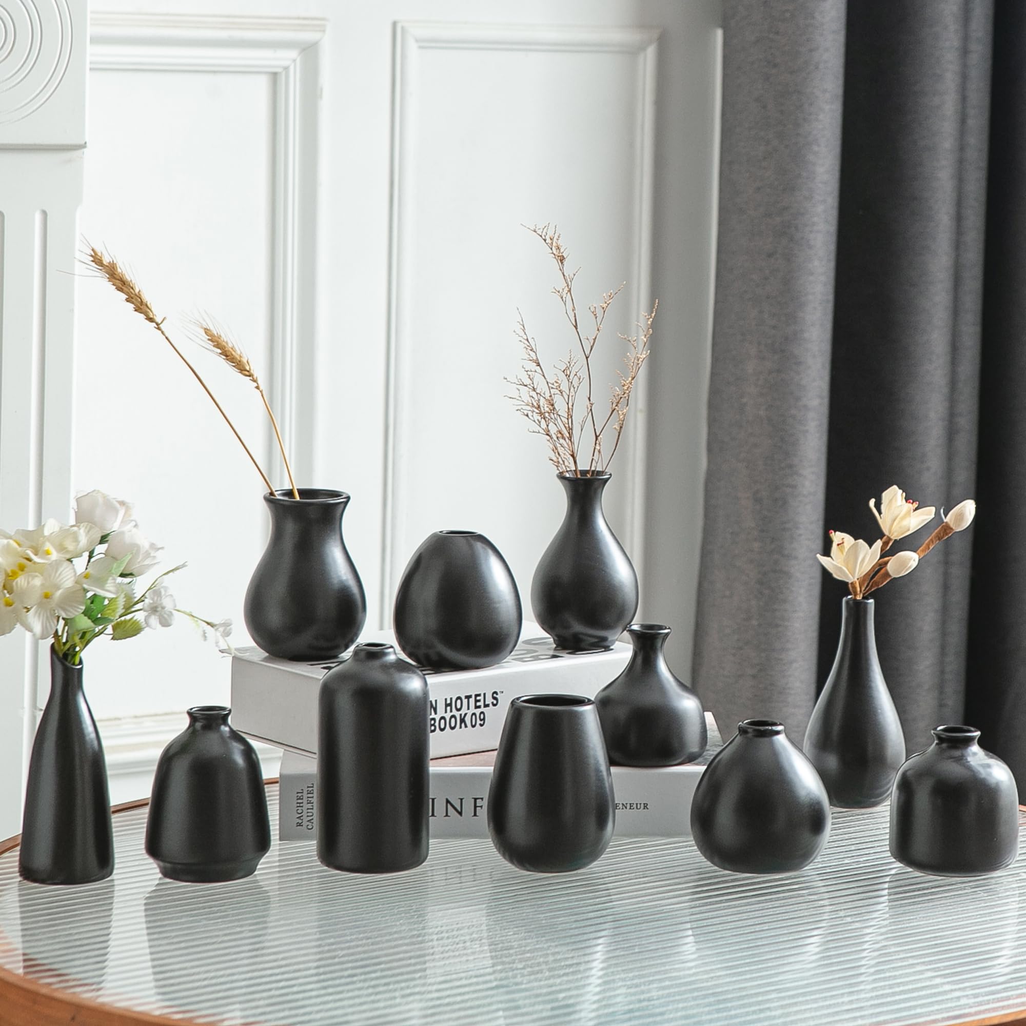 Photo 1 of JOJUNO Black Bud Vases, Small Ceramic Vase Set of 11, Mini Pottery Vases for Flowers, Decorative Pieces for Home Modern Decor, Boho Decor, Chic Accents for Living Room Dining Table Shelves