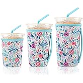 KJQJLY 3 Pack Reusable Iced Coffee Sleeves for Iced Coffee Cups or Drinks Reusable Neoprene Insulated Sleeves for Hot and Cold Drinks from Starbucks, Dunkin, And More (White Flower Bush)