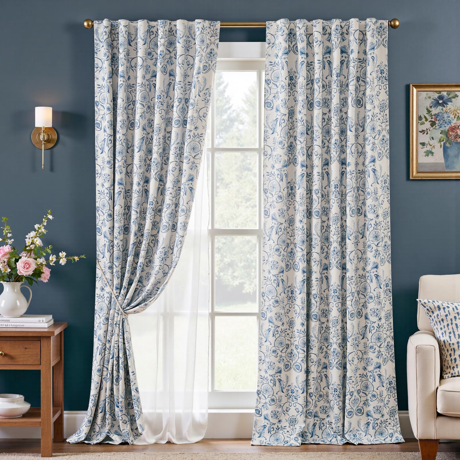Photo 1 of jinchan Floral Blackout Curtains for Bedroom Living Room 96 Inches Length Farmhouse Curtains Room Darkening Vintage Drapes Traditional Rod Pocket Window Treatment 2 Panels Set Blue on Beige