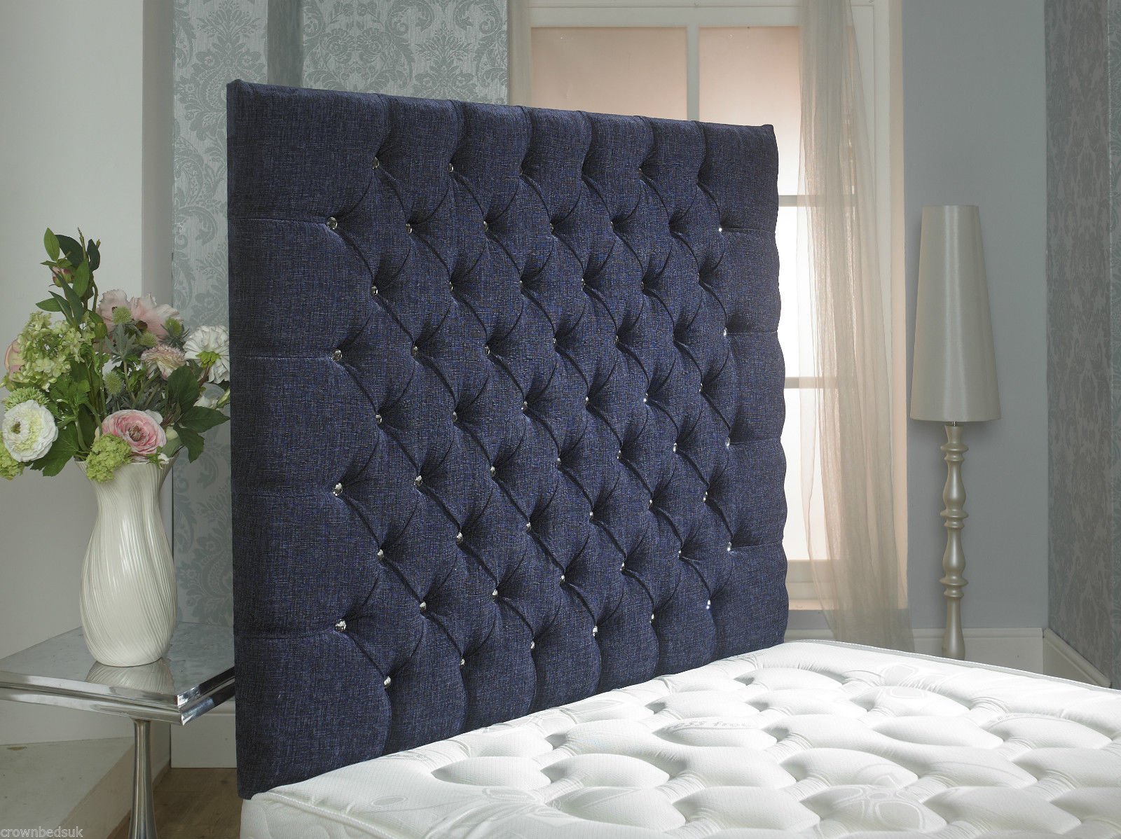 CROWNBEDSUK CHESTERFIELD WALL HEADBOARD CHENILLE IN 2ft6,3ft,4ft,4ft6,5ft,6ft Height 44'' MATCHING BUTTONS (4FT SMALL DOUBLE, Purple)