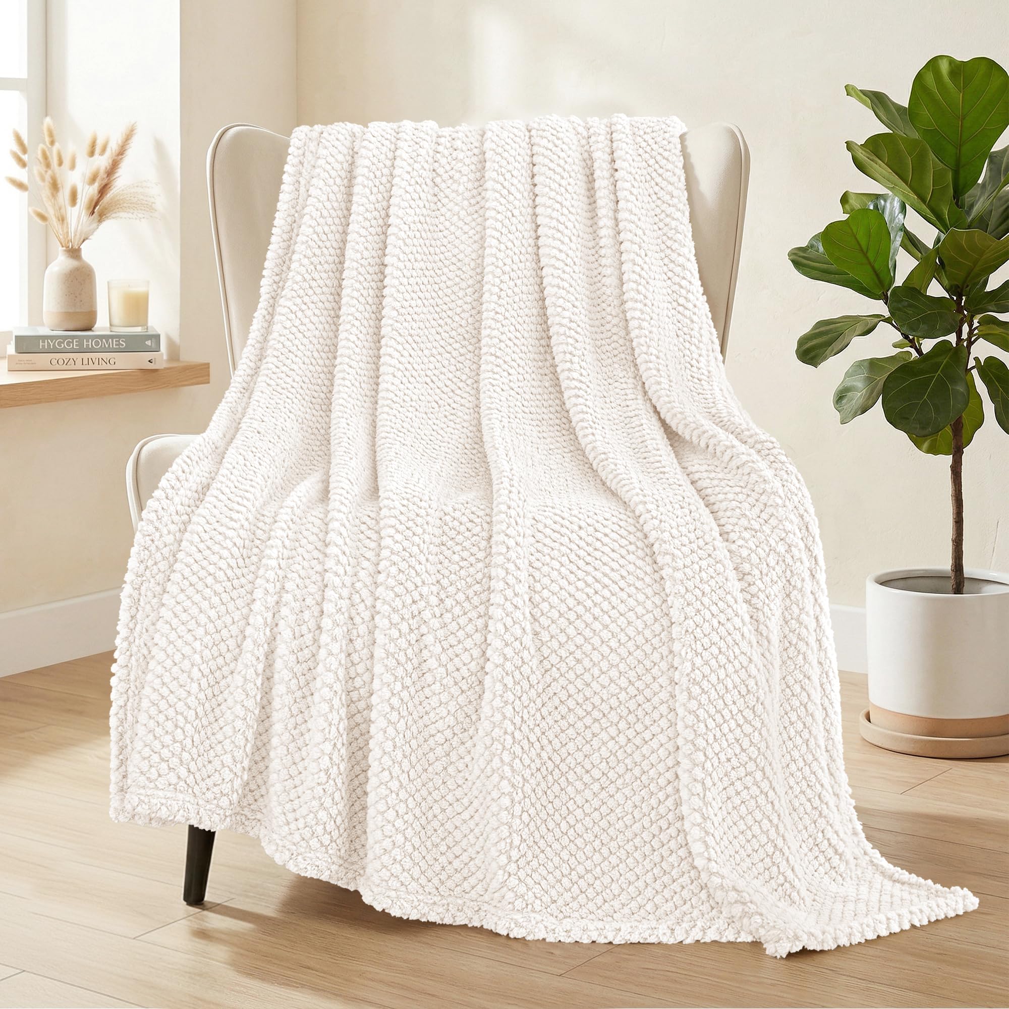 Whale Flotilla Large Fuzzy Fleece Throw Blanket for Sofa, 130x180 CM Fluffy Warm Soft Jacquard Blankets for All Season, Lightweight and Cozy, Ivory