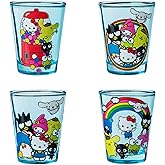 Silver Buffalo Sanrio Hello Kitty and Friends Featuring My Melody, Keroppi, Chococat, Pompompurin, Tuxedo Sam, Cinnamoroll, and Badtz-Maru Blue 4 Pack Mini Glass Set, 1.5 Ounces