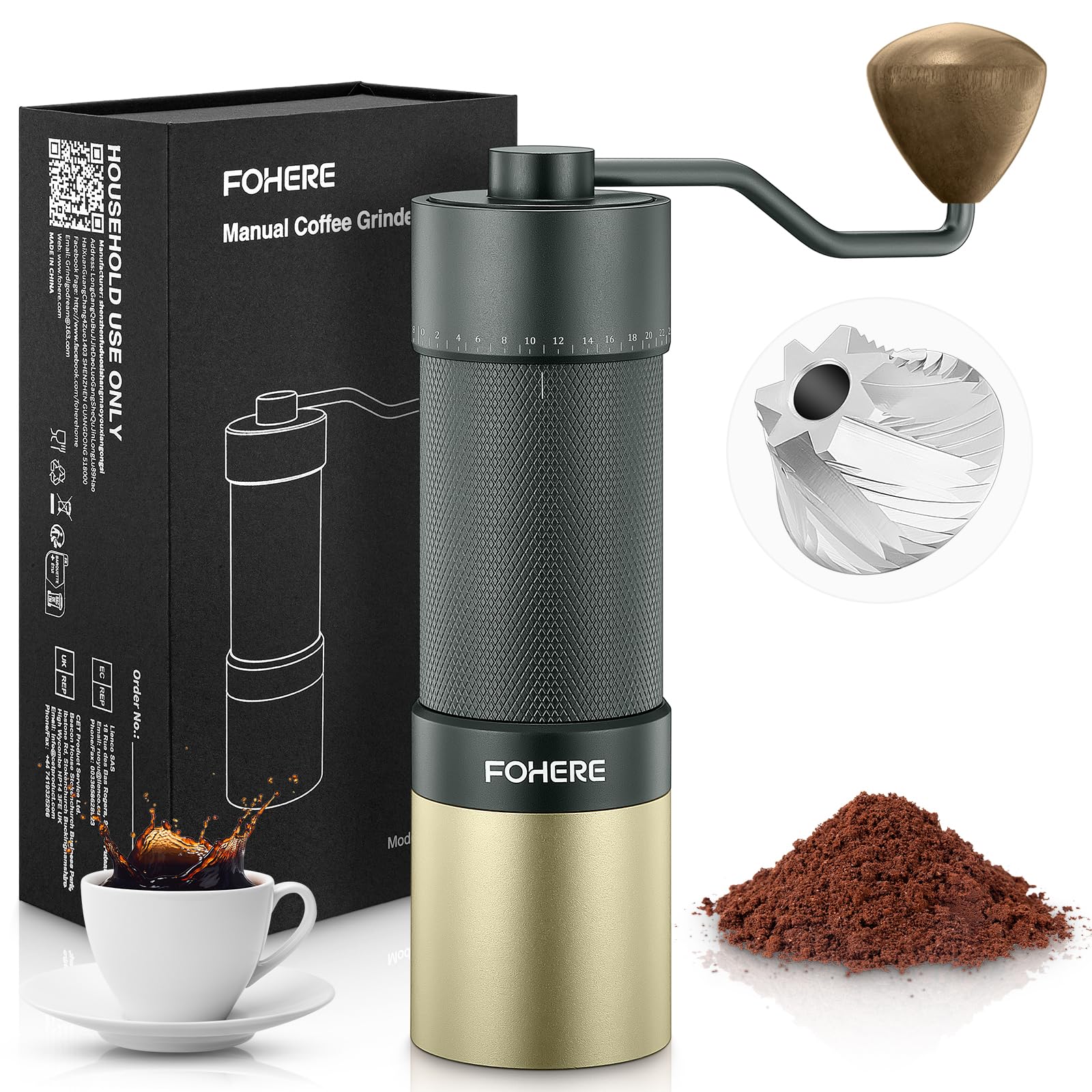 Manual Coffee Grinder, FOHERE Stainless Steel Conical Burr Coffee Grinder, Digitally Adjustable Fine Settings, 30G Capacity, Suitable for All Coffees, Suitable for Home, Office, Travel and Camping