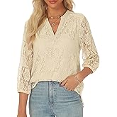 AIMCOO Lace Tops for Women 3/4 Sleeve V Neck Elegant Blouses Dressy Casual Boho Floral Business Shirts