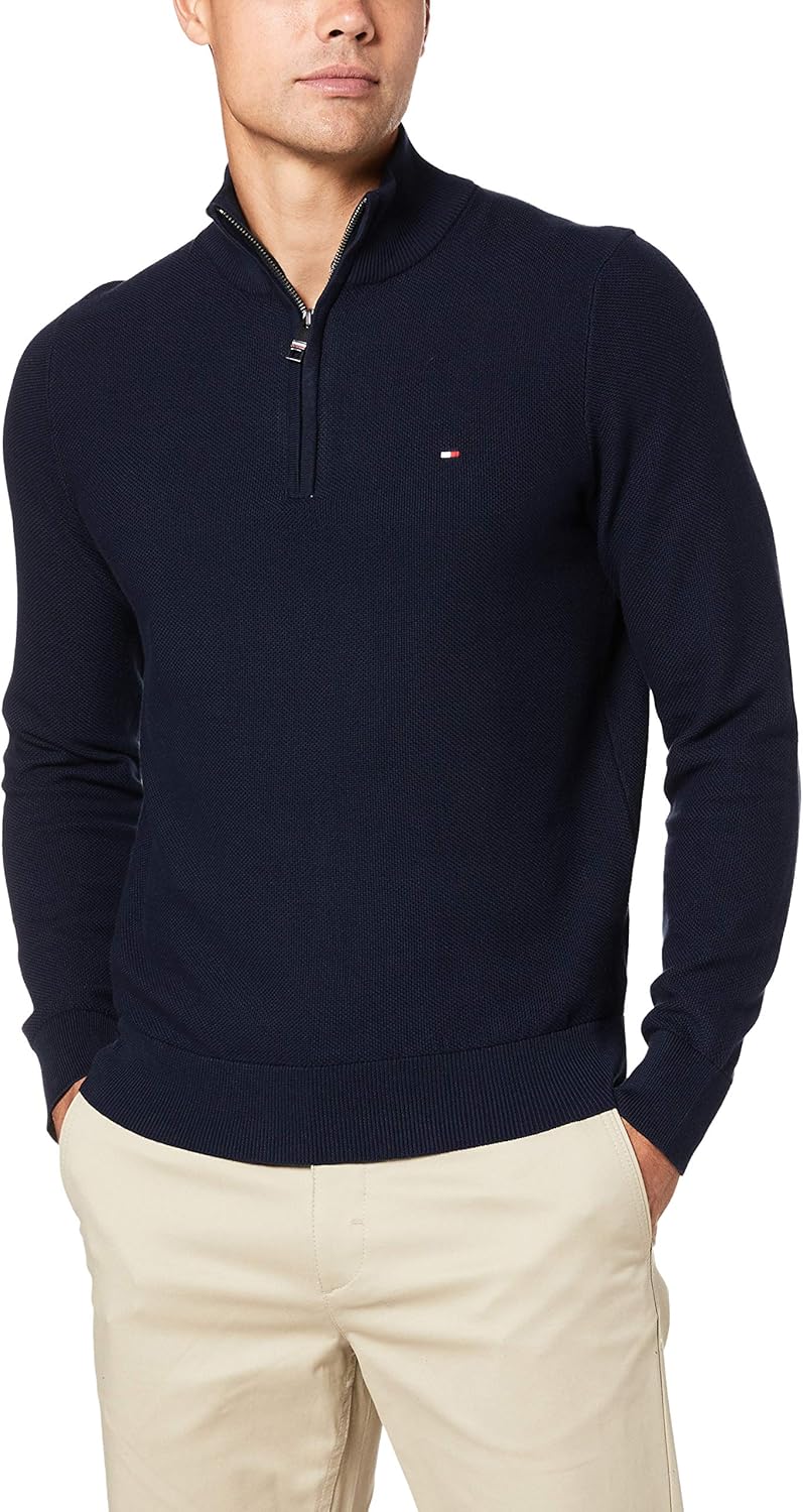 Tommy Hilfiger Men's Fine Structured Zip Jumper, Blue, XXL Amazon.co