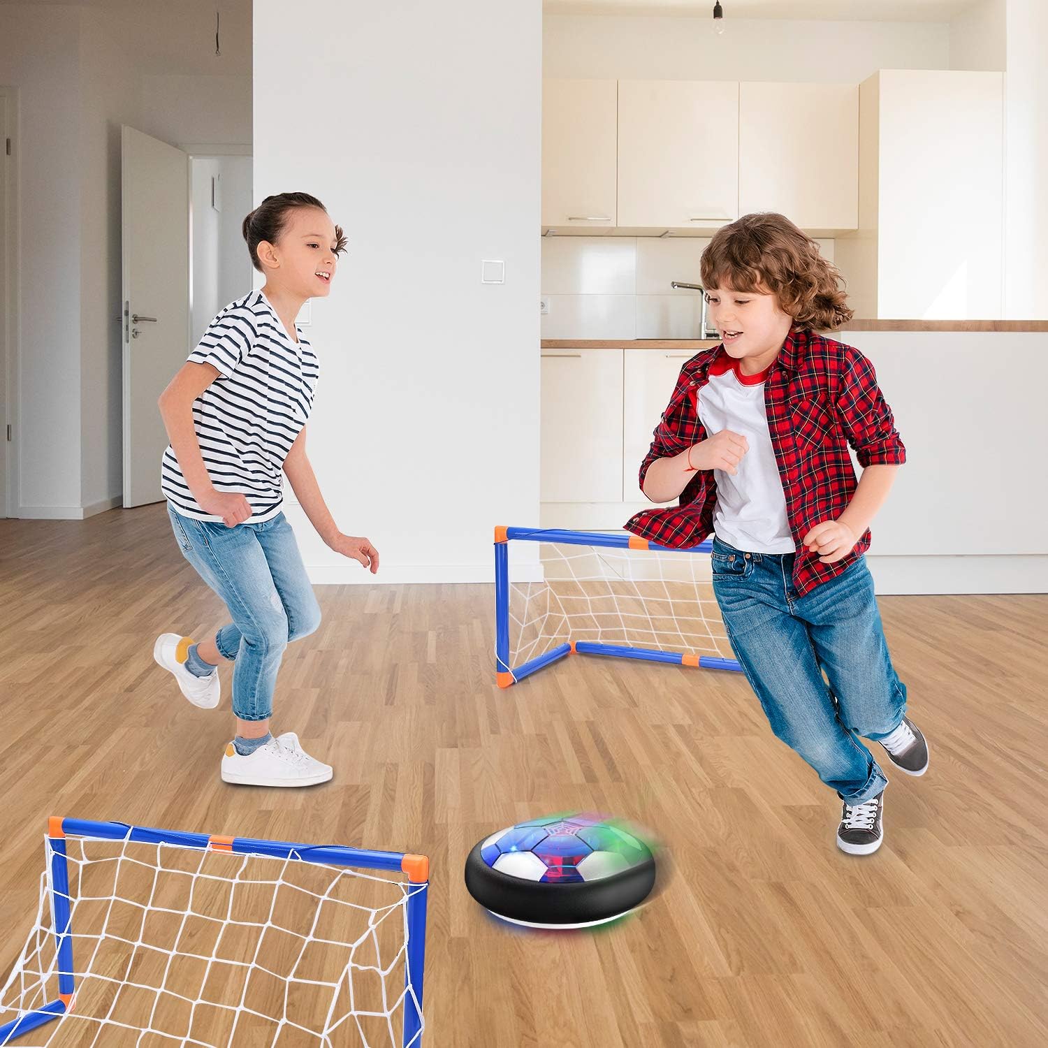 CUKU Kids Toy,Hover Soccer Ball Toys for 3 4 5 6 7 8 Years Old Boy Girl , 2 Goals and Inflatable Ball,Indoor Floating Soccer with LED Light and Safe Bumper(No AA Batteries Needed) (Blue): Toys & Games