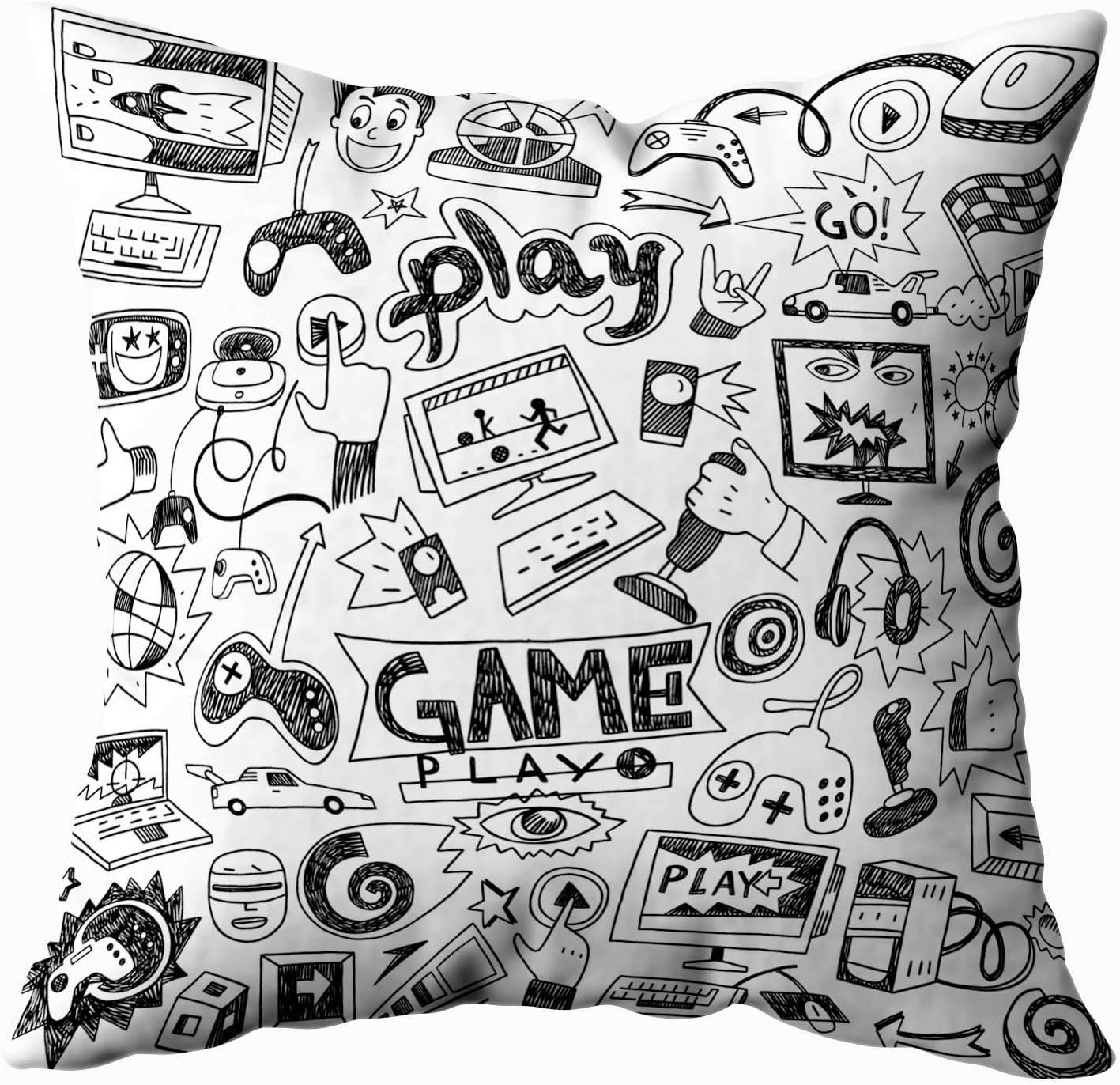 TOMKEY Couch Pillow Case, Hidden Zippered 18X18Inch Computer Games Doodles Decorative Throw Cotton Pillow Case Cushion Cover for Home Decor,Black White 4