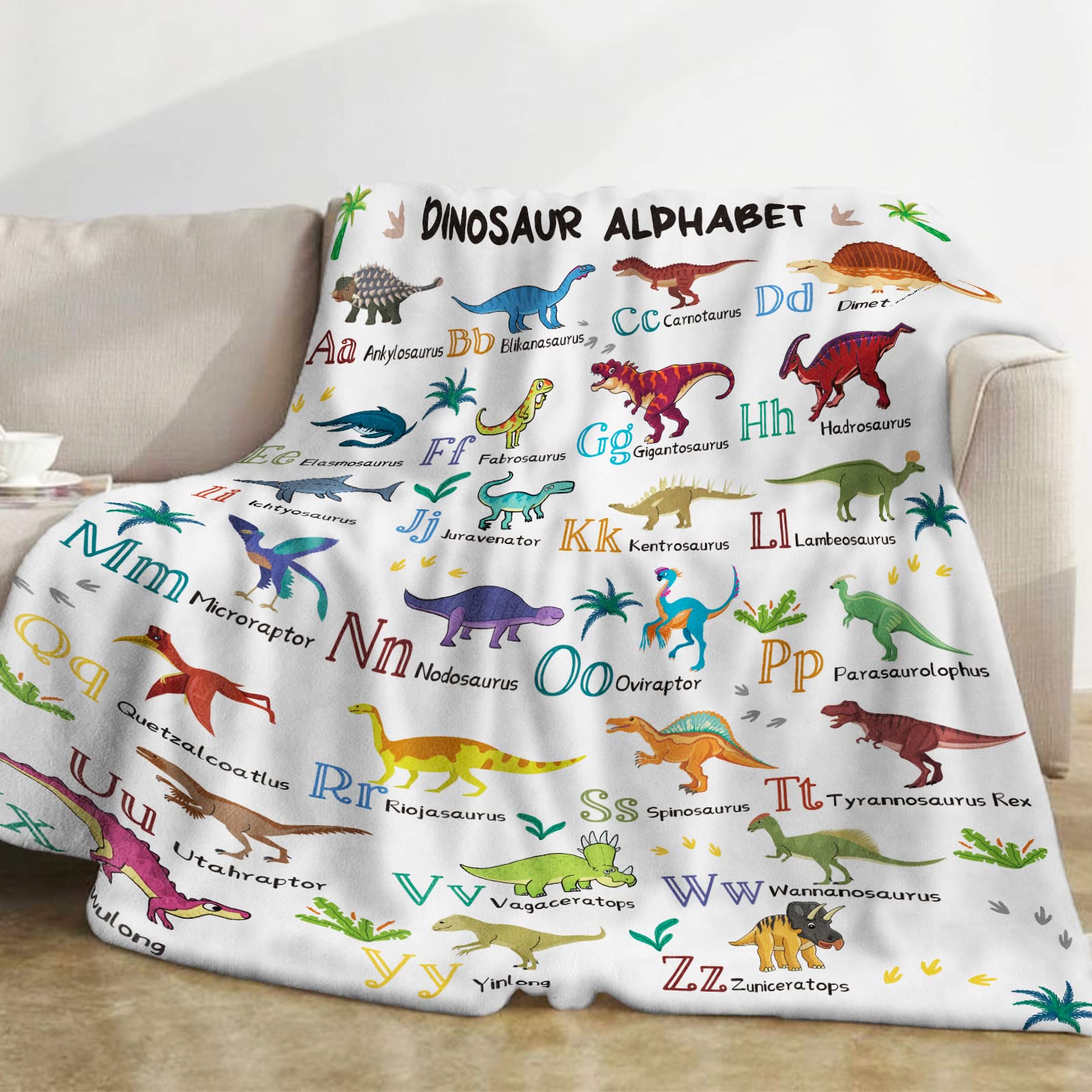 Domgoge Dinosaur Alphabet Blanket，Dino Throw Blanket，Soft Cozy Flannel Dinosaur Blanket，Fluffy Fuzzy Jurassic Theme Fleece Blankets Teen Kid GirlBoyGifts Sofa School Decor，130x152cm，Dinosaur-white