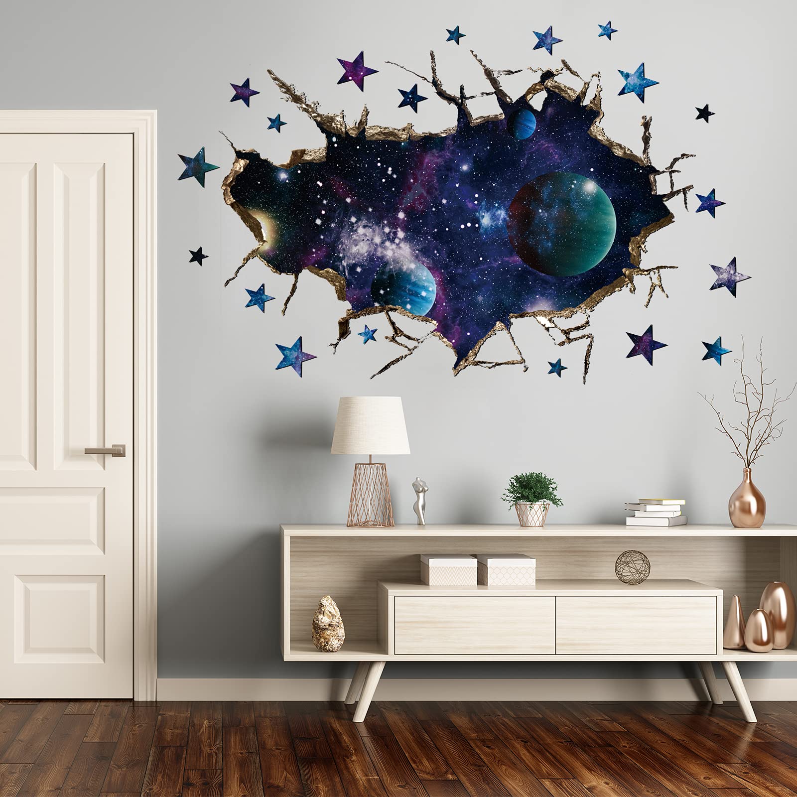 3D Galaxy Blue Cosmic Milky Way Wall Stickers, ZONITOK Simulation Crack Hole Space Planets Wall Decals, Starry Sky Wall Decor for Boys Kids Bedroom Living Room Nursery Wall Decoration