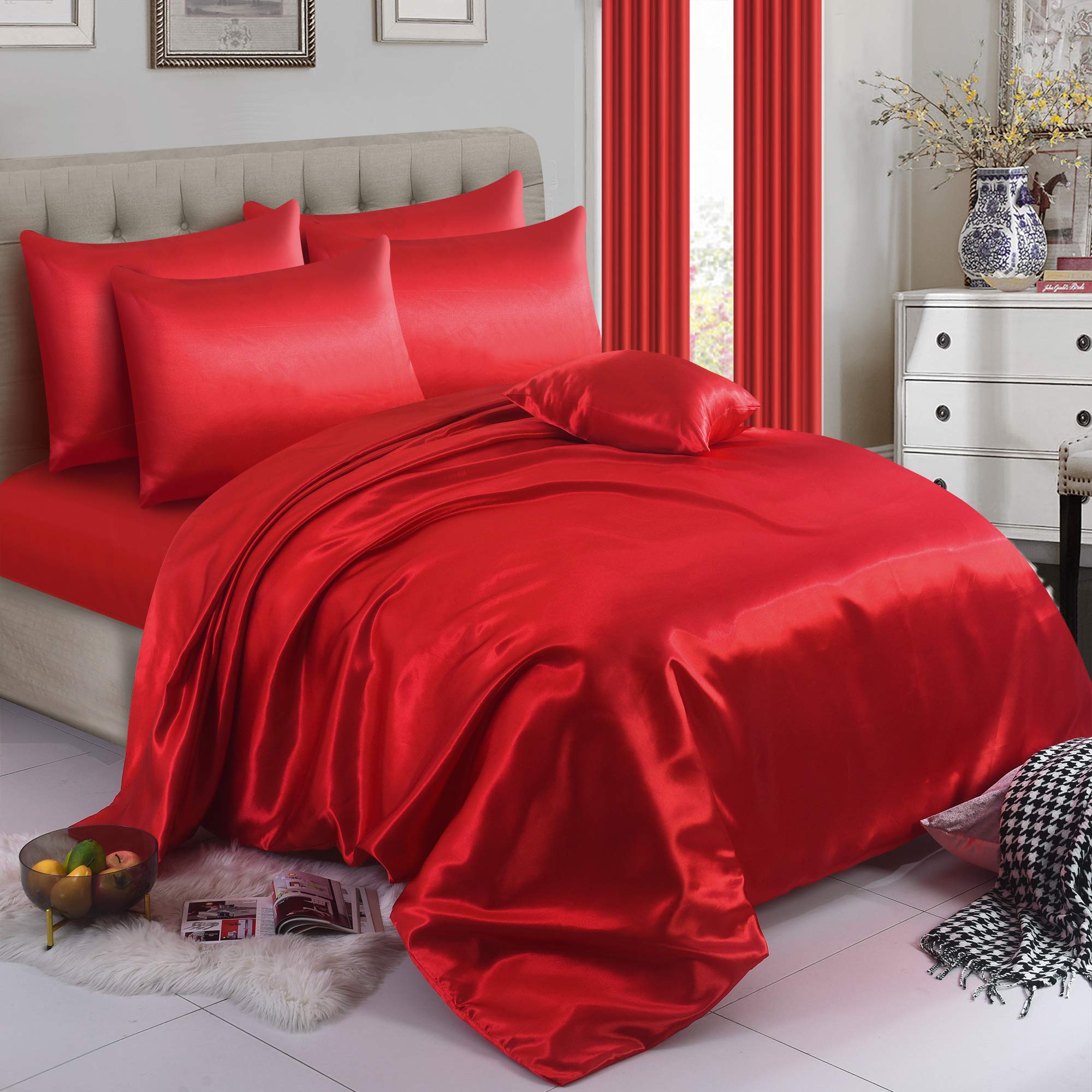 ZIMEL HOMES 4-Piece Satin Bedding Set – Soft, Silky & Shiny Bed Sheets – Includes Duvet Cover, Fitted Sheet & 2 Pillowcases (Red, Single)