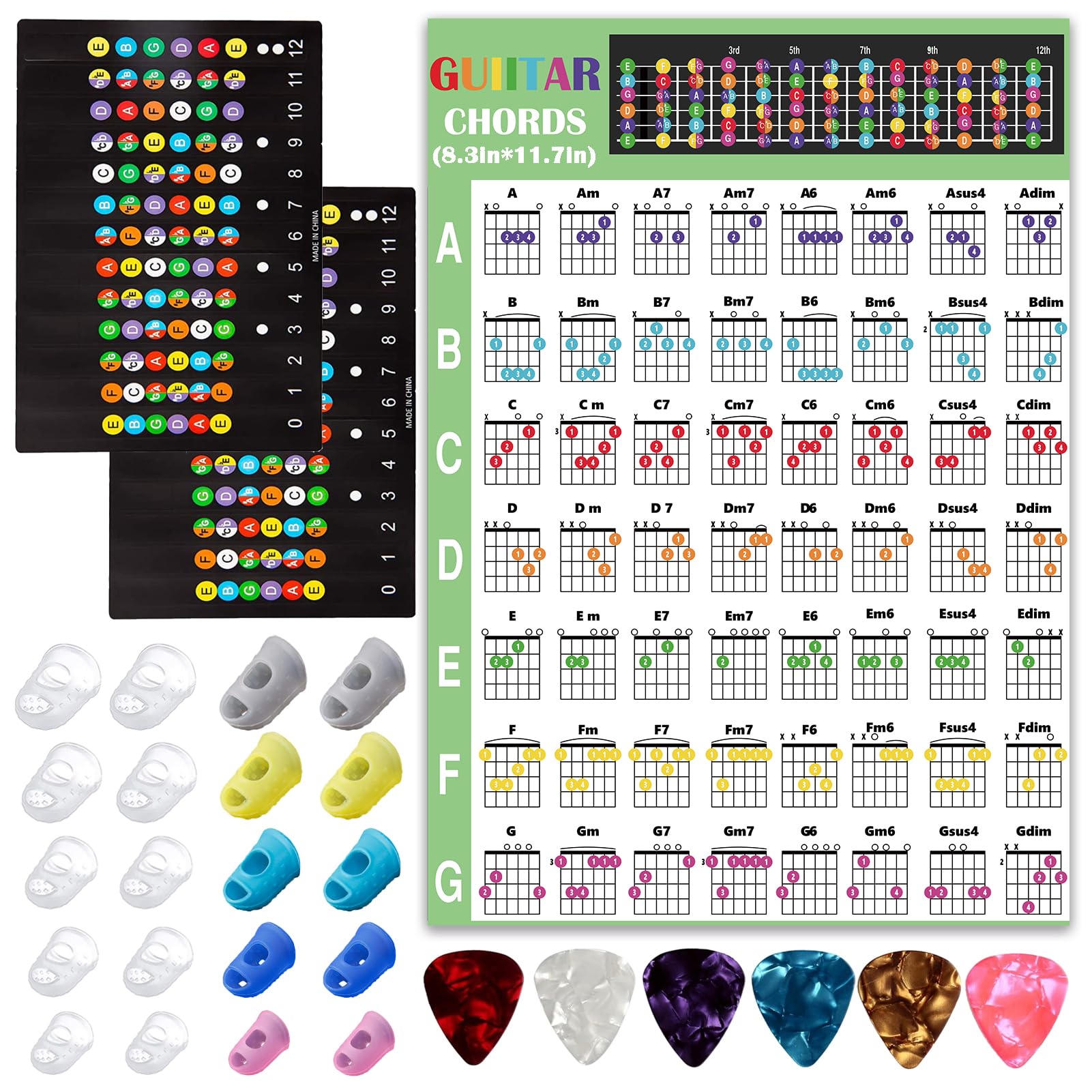 20 Pcs Guitar Finger Protectors - Silicone Covers & Caps for Guitar, Bass & Ukulele with 2 Pcs Fretboard Stickers & Chord Chart