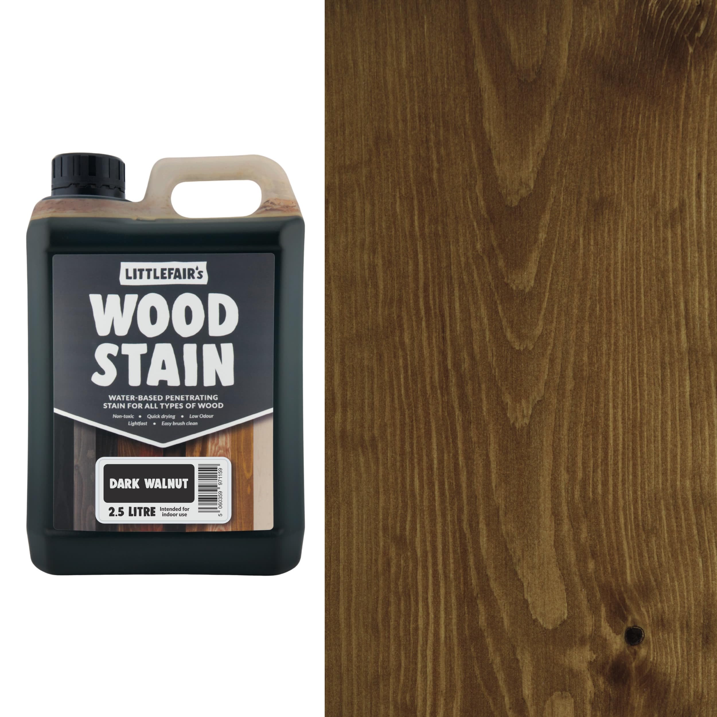 Littlefair's Wood Stain Water Based - 2.5 LTR - Indoor Furniture Stain Light & Dark Finishes - Special Non Toxic & Eco Friendly Formula - Wood Stain for Crafts - Colour: Dark Walnut
