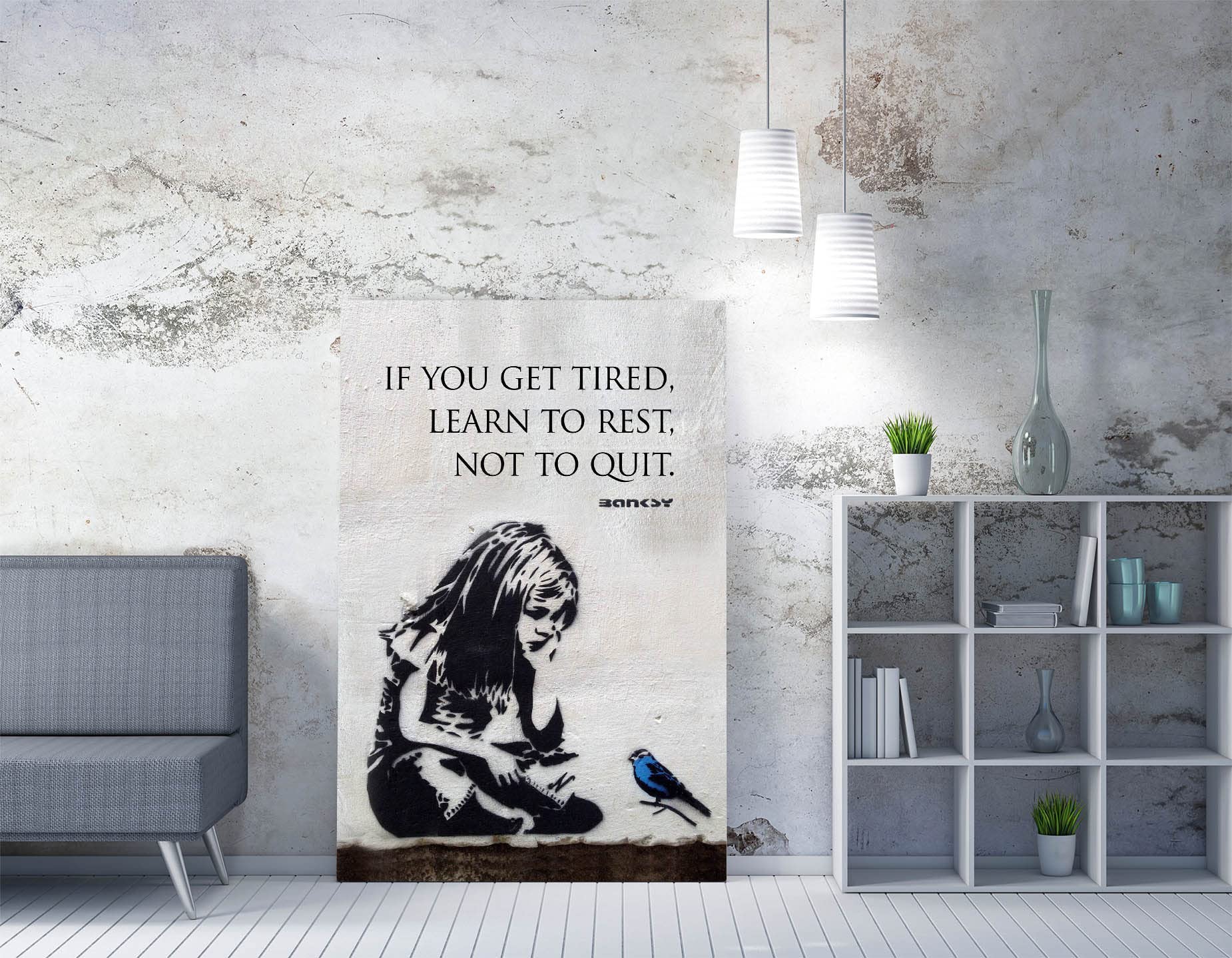 BANKSY GIRL BLUE BIRD PORTRAIT QUOTE FRAMED CANVAS WALL ART PRINT ARTWORK GRAFFITI (8in x 12in / 20cm x 30cm)