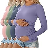 Ficerd 4 Pack Women's Maternity Shirts Cotton Long Sleeve Ribbed Crew Neck Pregnancy Tops Side Ruched Casual Mama Clothes