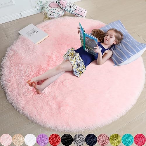 Amdrebio Light Pink Round Circle Rug 4Ft for Girls Bedroom, Fluffy Cute Area Rugs for Kids Room Decor Aesthetic, Small Shag Fur Carpet for Nursery Dorm Classroom Playroom Teen Toddler Baby Corner