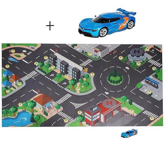 Unbekannt Spieleteppich / Spielmatte - Stadt 110 cm * 55 cm - incl. Fahrzeug - für Auto - Fahrzeuge Straßen Teppich Autoteppi