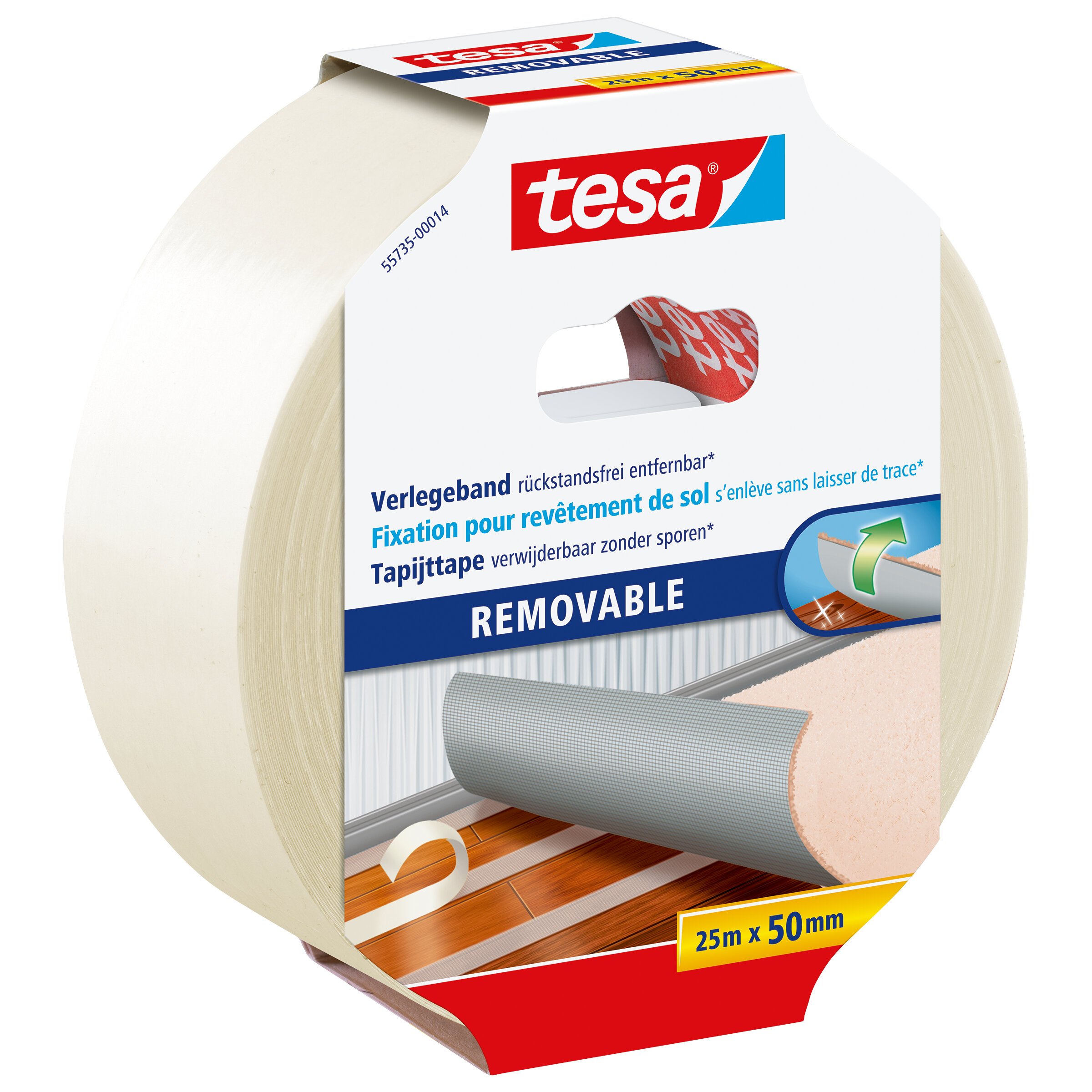 tesa Flooring Tape Removable Without Residue - Fabric-Reinforced, Double Sided Adhesive Tape for Laying Carpet and PVC Flooring - 25 m x 50 mm