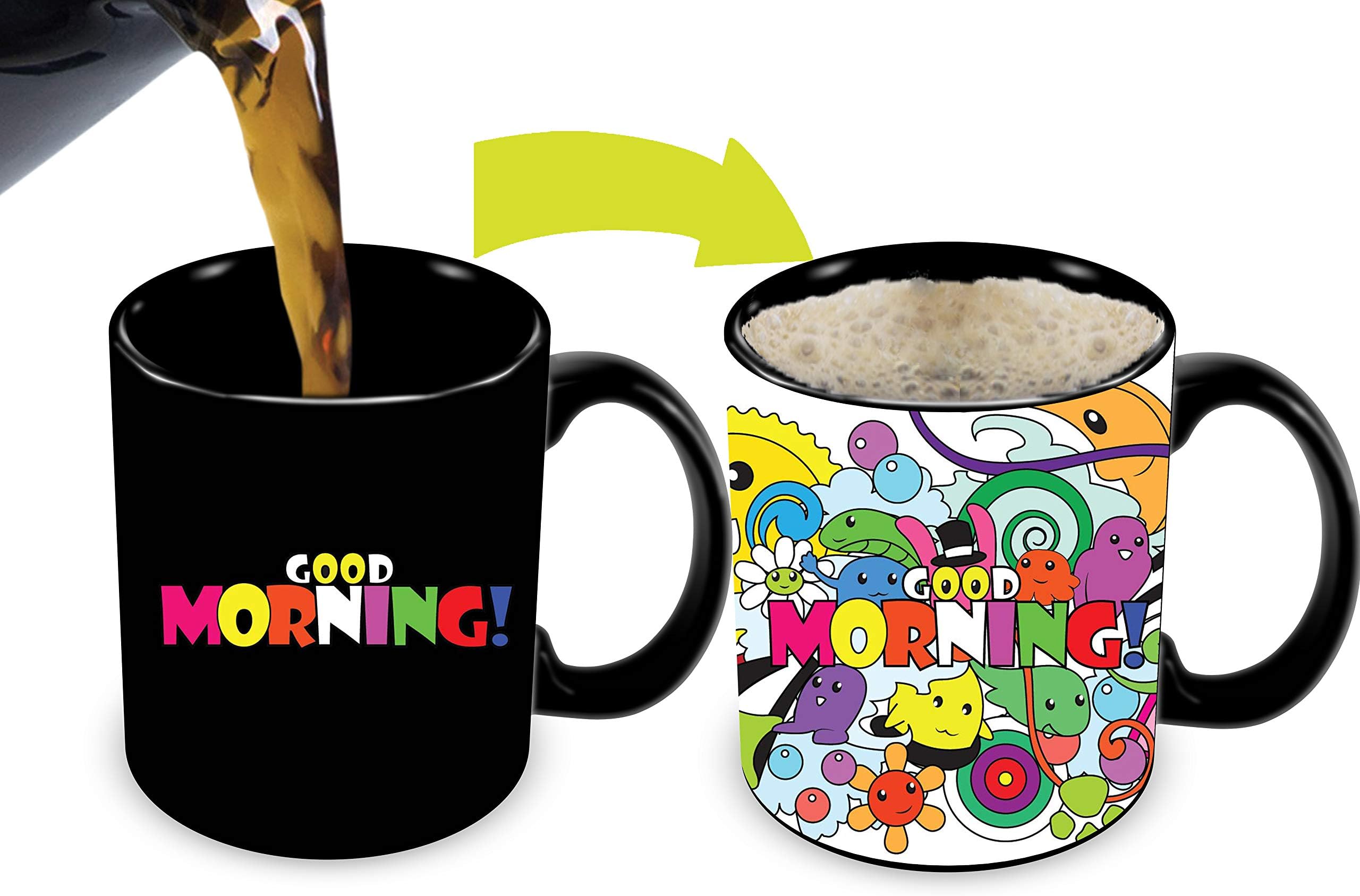Cortunex Heat Changing Mug - 11 Oz Color Changing Coffee Mug with Colorful Good Morning Saying When Cold Then Cute Happy Cartoon Faces When Hot - Good Mug for Mom Dad Kids Friend Anime Lovers
