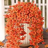 Artificial Fall Flowers for Outdoor, 4 Pcs Faux Pansy Fake Mums Plant Hanging Flowers Outdoor Fall Decor, UV Resistant No Fade Silk Flower for Front Door Porch Planter Patio Yard Garden(Orange)