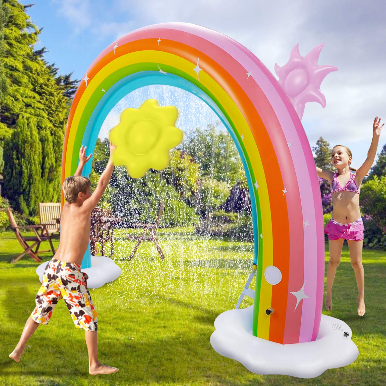 Inflatable Rainbow Water Sprinkler, Halloween Decorations Toys with Detachable Flower and Sun for Outdoor Indoor Yard Larger Park Fun Backyard Fountain Rainbow Sprinkler for Kids