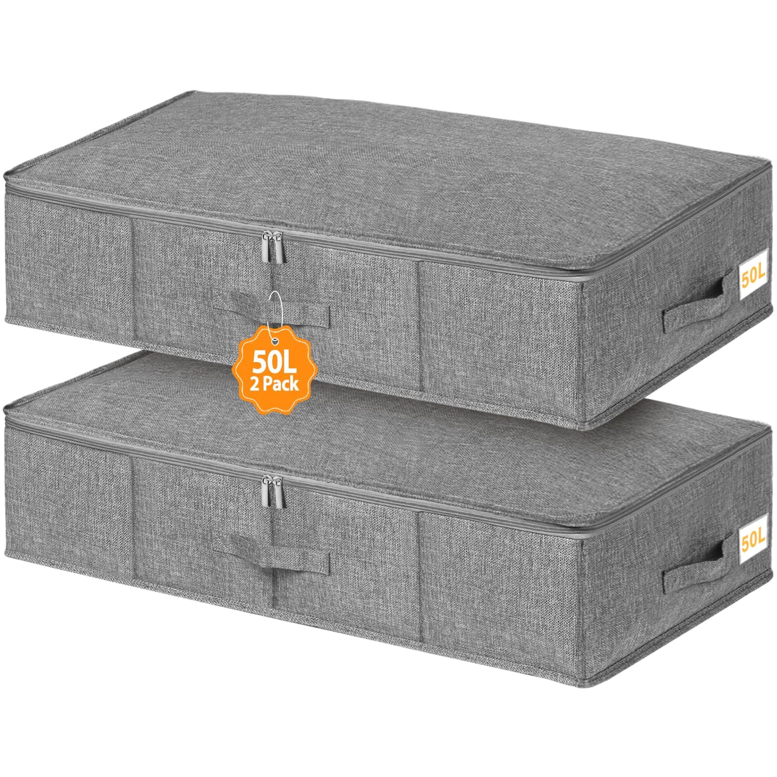 Huquter 50L 17 cm Tall Underbed Storage Boxes with Zipped Lids, Under Bed & Sofa Storage w/Rigid Sides, Base and 3 Sturdy Handles, Foldable Fabric Storage for Duvets, Bedding and Clothes, 2 Pack, Grey