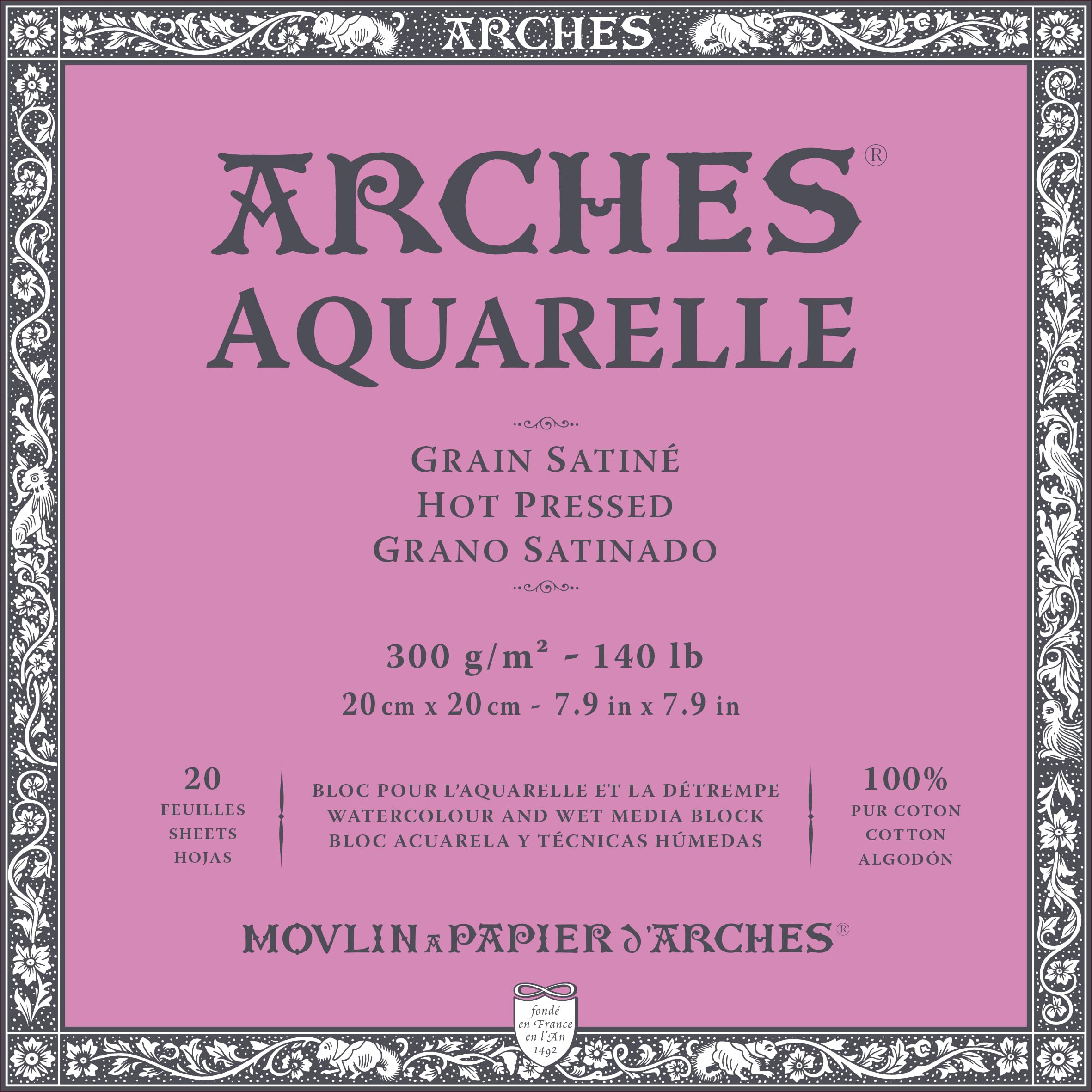 Arches Aquarelle Pad 20 Sheets 20 x 20 Glued 4 Sides 300 g/m² Satin Grain Natural White 4 Edges, 8" x 8" - 20 x 20 cm, A1795071
