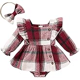 TITKKOP Newborn Baby Girl Fall Winter Clothes Plaid Long Sleeve Romper Buttons Outfit Ruffles Dress with Bow Headband