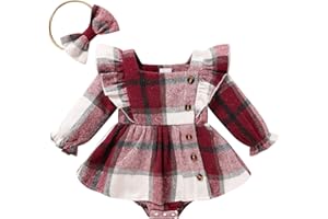 TITKKOP Newborn Baby Girl Fall Winter Clothes Plaid Long Sleeve Romper Buttons Outfit Ruffles Dress with Bow Headband
