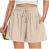 UEU Womens Linen Casual Shorts Summer Ruffle High Waisted Wide Leg Drawstring Beach Pleated Lounge Short with Pockets